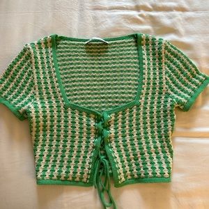 Zara Green and Whit Knit Front Tie Top